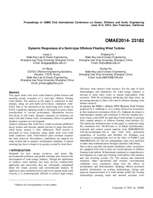 (PDF) Dynamic Responses of a Semi-Type Offshore Floating Wind Turbine