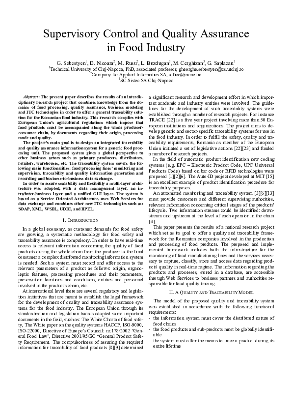 (PDF) Supervisory control and quality assurance in food industry