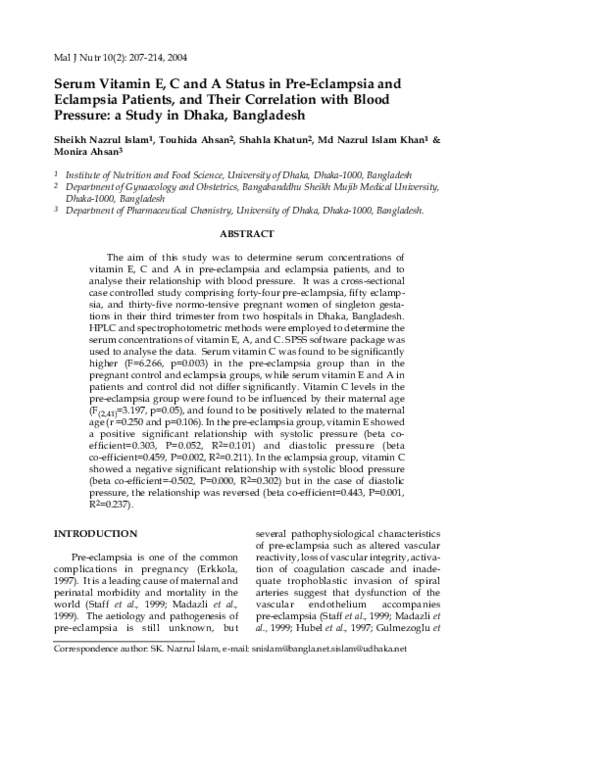 (PDF) Serum vitamin E, C and A status in pre-eclampsia and eclampsia ...