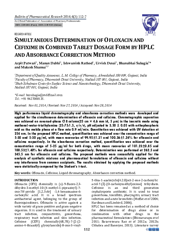 (PDF) Simultaneous Determination of Ofloxacin and Cefixime in Combined ...