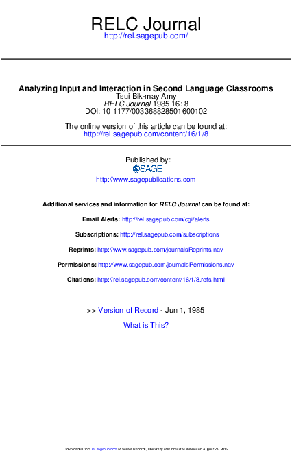 (PDF) Analyzing Input and Interaction in Second Language Classrooms