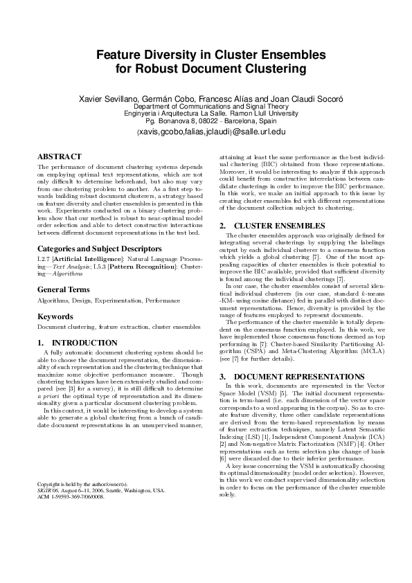 (PDF) Feature diversity in cluster ensembles for robust document clustering