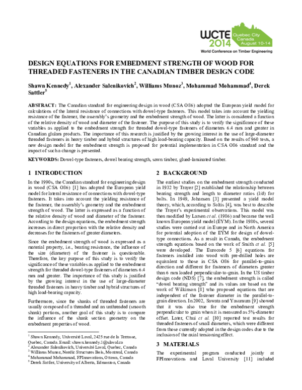 (PDF) Design Equations for Embedment Strength of Wood for Threaded ...