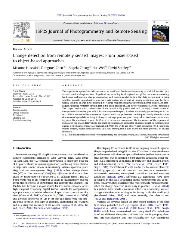 (PDF) Change detection from remotely sensed images: From pixel-based to ...