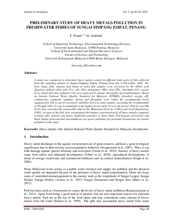 (PDF) Preliminary Study of Heavy Metals Pollution in Freshwater Fishes ...