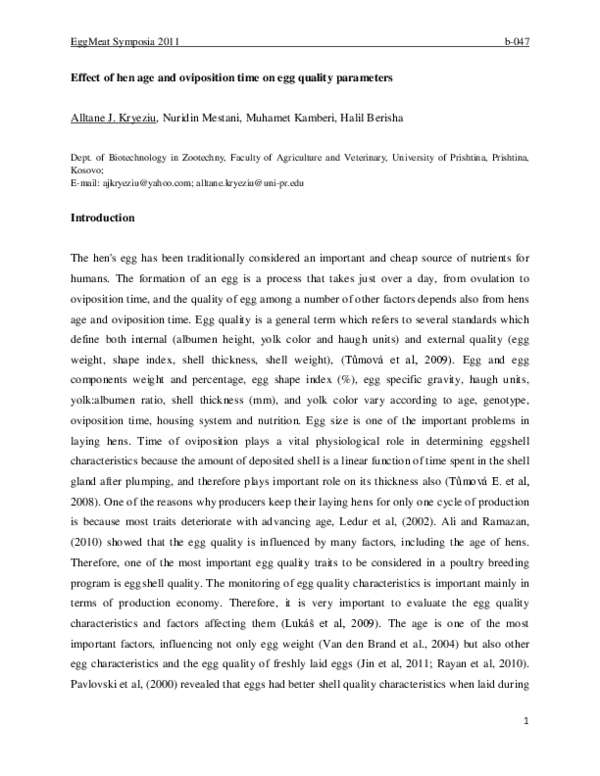 (PDF) Effect of hen age and oviposition time on egg quality parameters