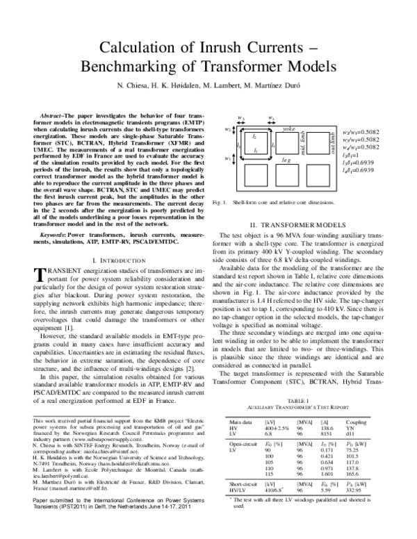 (PDF) Calculation of inrush currents–Benchmarking of transformer models