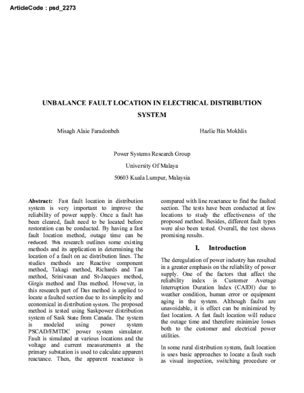(PDF) Unbalance fault location in electrical distribution system