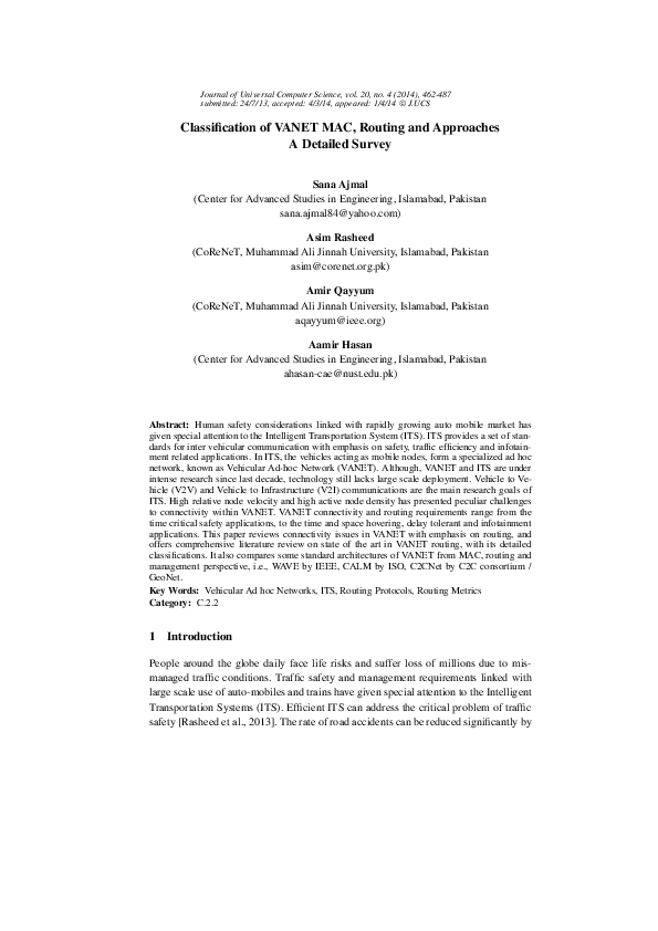 (PDF) Classification of VANET MAC, Routing and Approaches A Detailed Survey