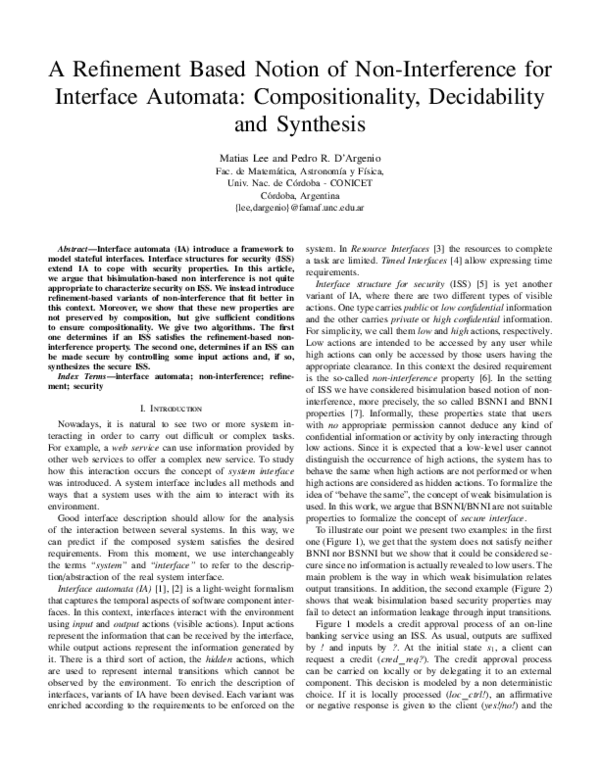 (PDF) A Refinement Based Notion of Non-interference for Interface ...