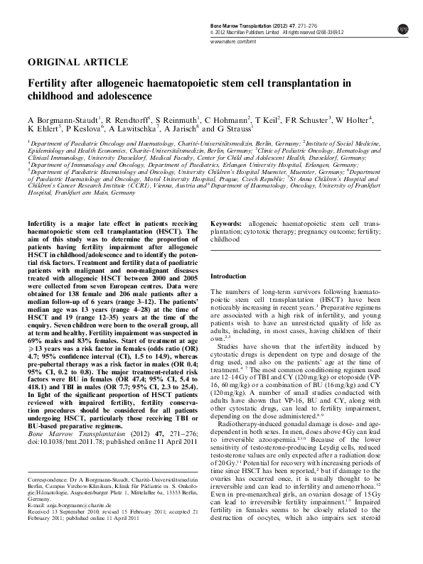(PDF) Fertility after allogeneic haematopoietic stem cell ...