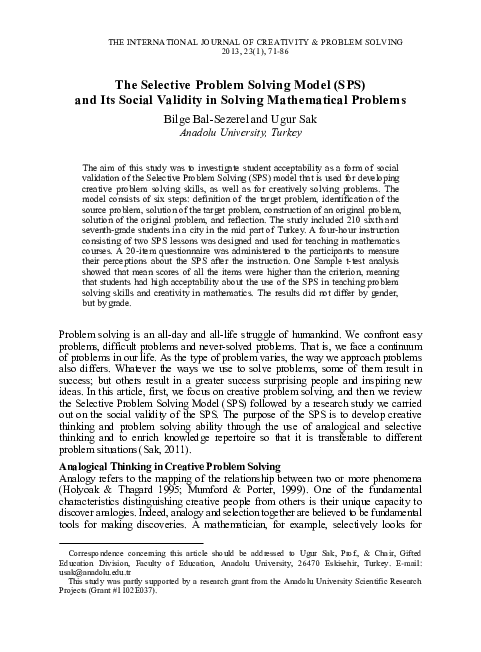 (PDF) The Selective Problem Solving Model (SPS) and its social validity ...