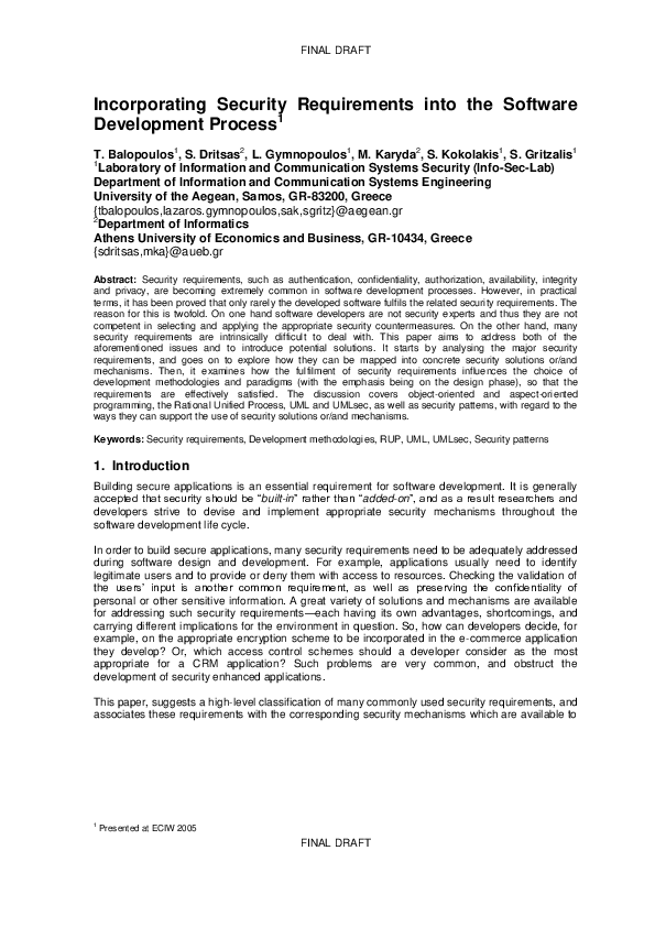 (PDF) Incorporating Security Requirements Into the Software Development ...