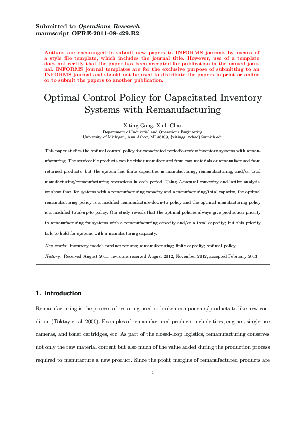 (PDF) Technical Note—Optimal Control Policy for Capacitated Inventory ...