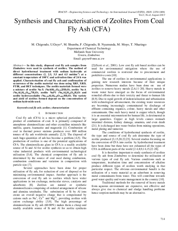 (PDF) Synthesis and Characterisation of Zeolites From Coal Fly Ash (CFA)