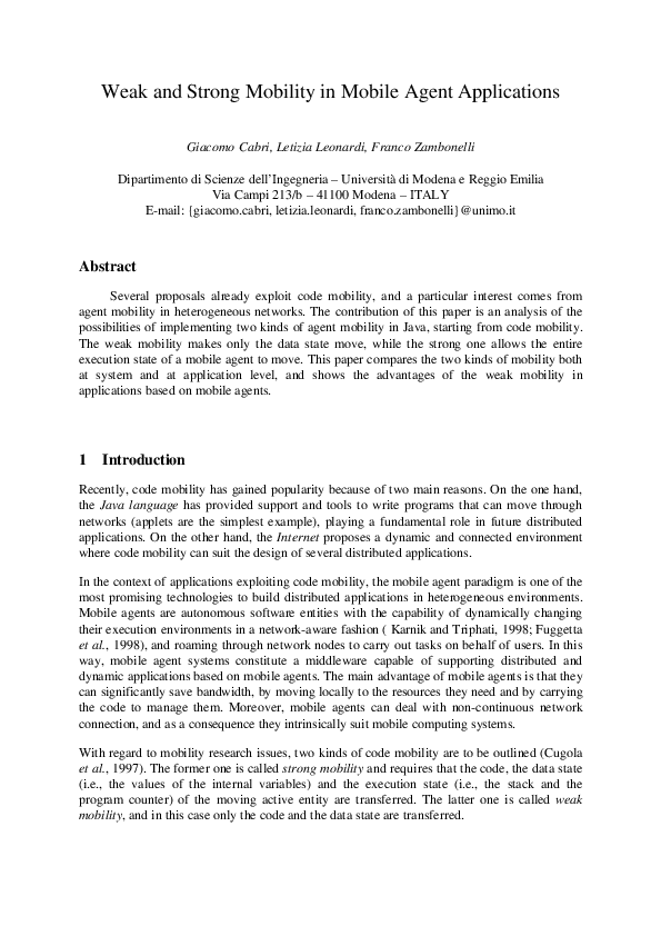 (PDF) Weak and strong mobility in mobile agent applications