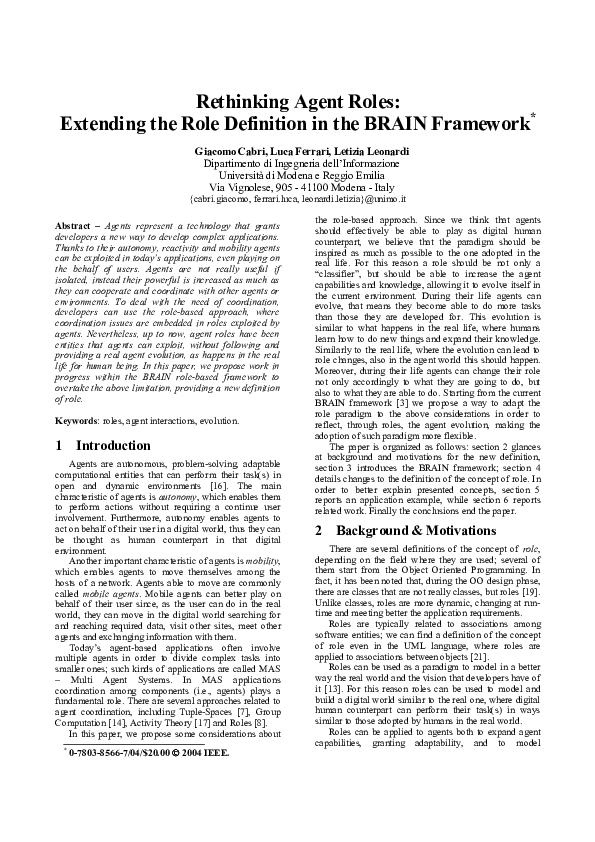 (PDF) Rethinking agent roles extending the role definition in the