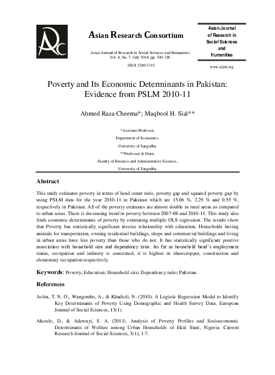 (PDF) Poverty and Its Economic Determinants in Pakistan: Evidence from ...