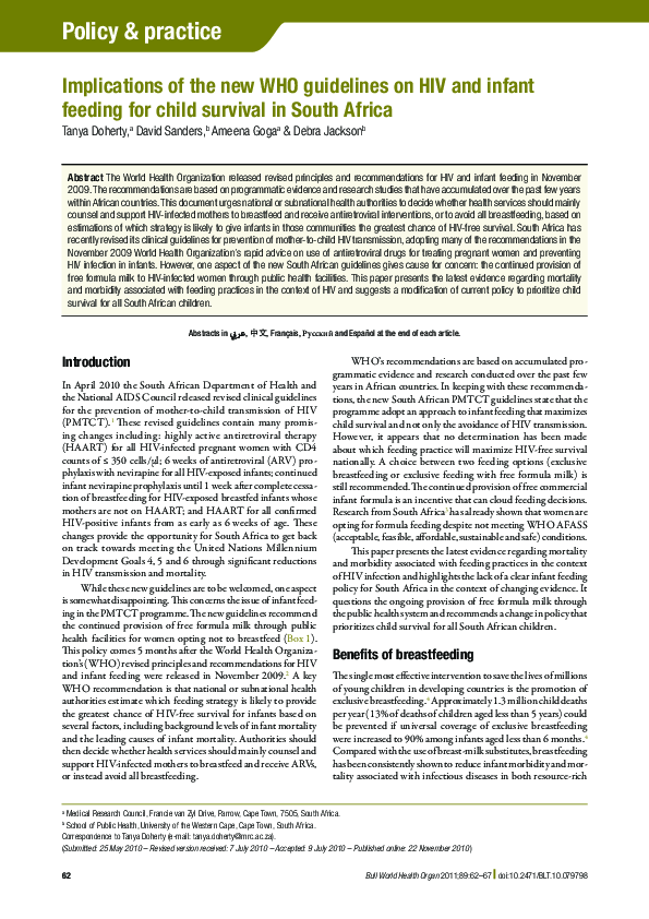 (PDF) Implications of the new WHO guidelines on HIV and infant feeding ...