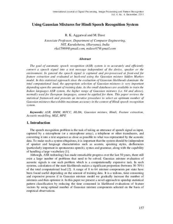 (PDF) Using Gaussian Mixtures for Hindi Speech Recognition System