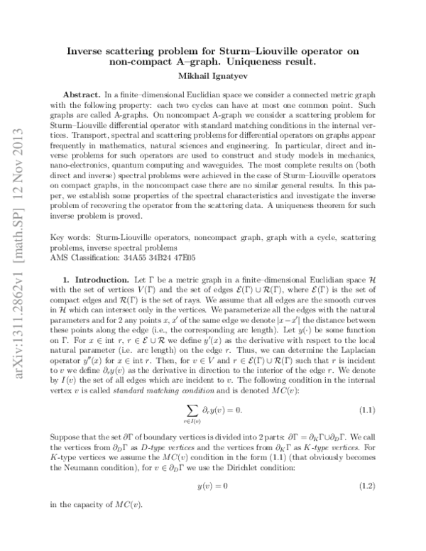 (PDF) Inverse scattering problem for Sturm-Liouville operator on one ...