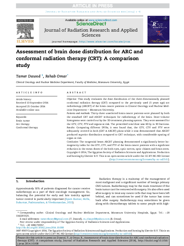 (PDF) Assessment of brain dose distribution for ARC and conformal ...