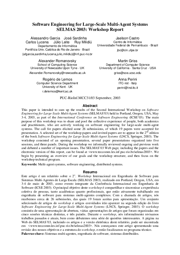 (PDF) Software Engineering for Large-Scale Multi-Agent Systems, chapter ...