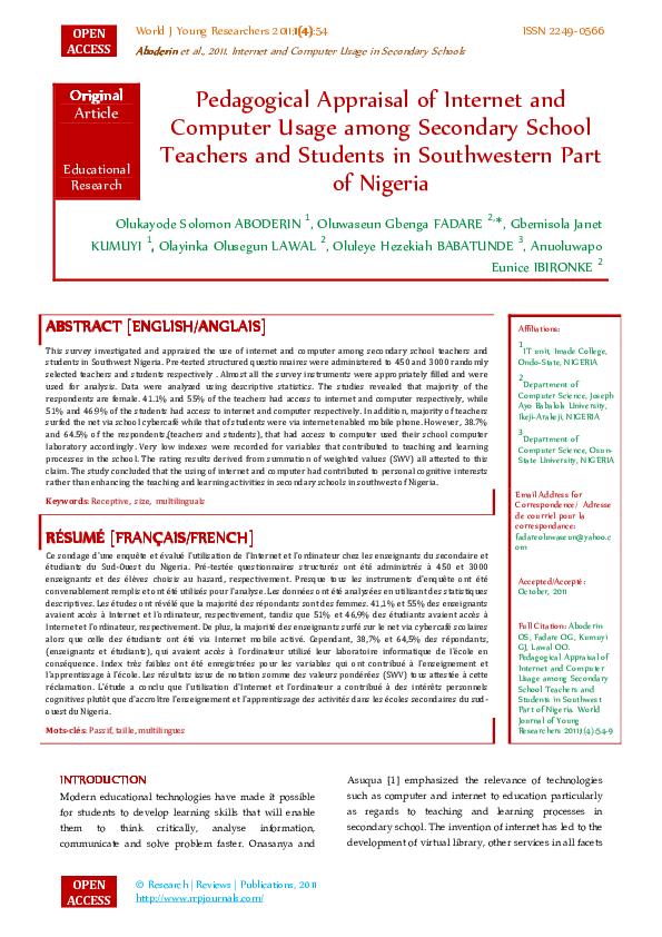 (PDF) A pedagogical appraisal of internet and computer usage among ...