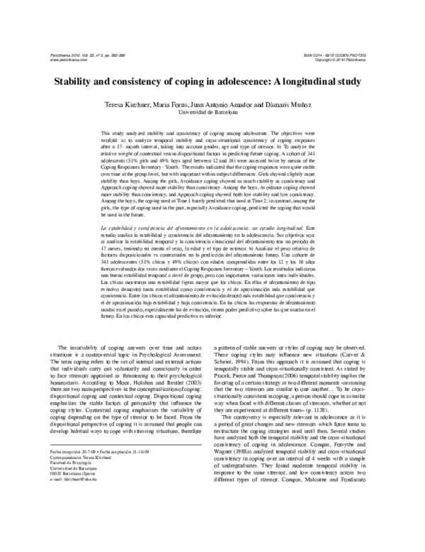 (PDF) Stability and consistency of coping in adolescence: A ...
