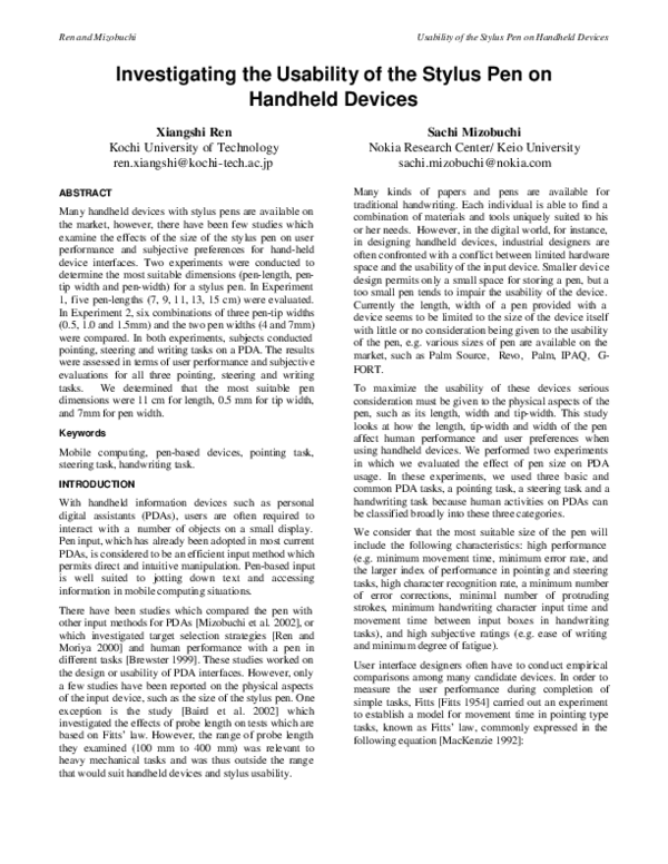 (PDF) Investigating the usability of the stylus pen on handheld devices