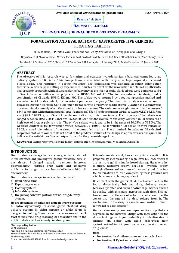 (PDF) Research: FORMULATION AND EVALUATION OF GASTRORETENTIVE GLIPIZIDE ...