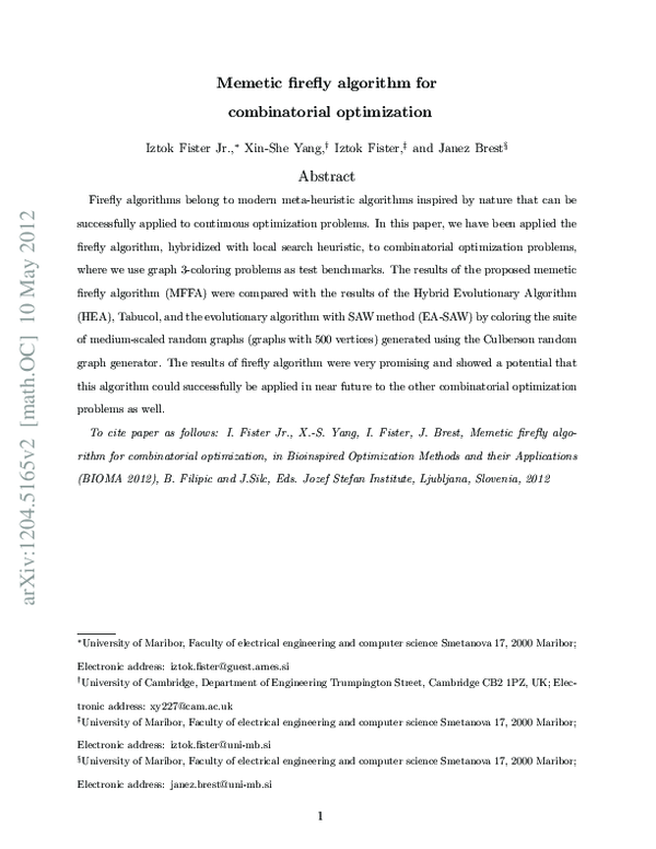 (PDF) Memetic firefly algorithm for combinatorial optimization