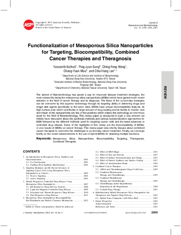 (PDF) Functionalization of Mesoporous Silica Nanoparticles for ...