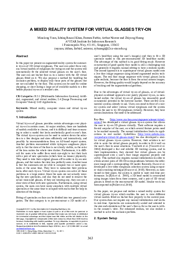 (PDF) A mixed reality system for virtual glasses try-on