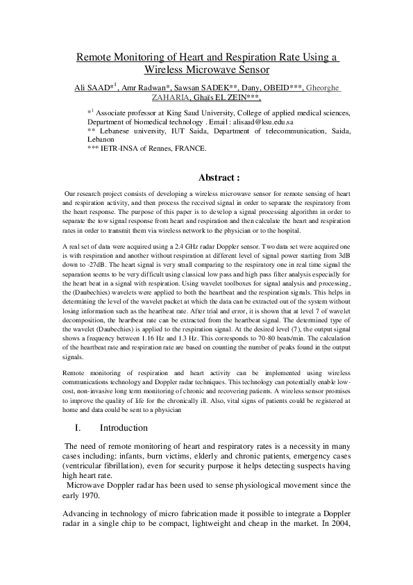 (PDF) Remote monitoring of heart and respiration rate using a wireless ...