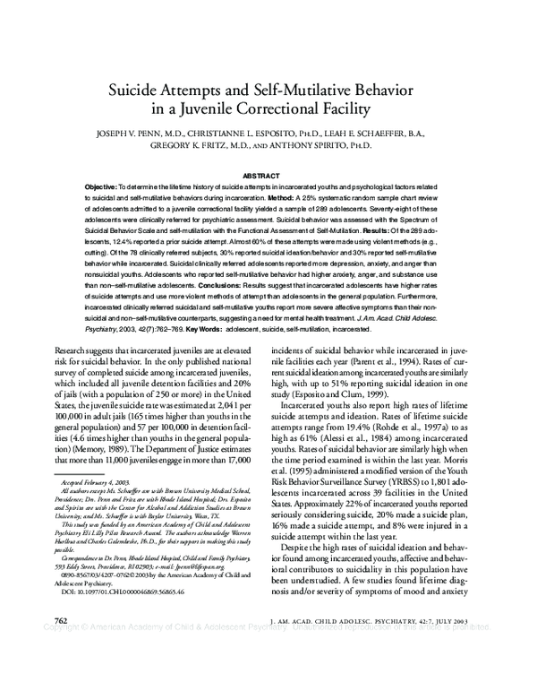 (PDF) Suicide Attempts and Self-Mutilative Behavior in a Juvenile ...
