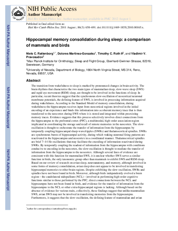 (PDF) Hippocampal memory consolidation during sleep: a comparison of ...