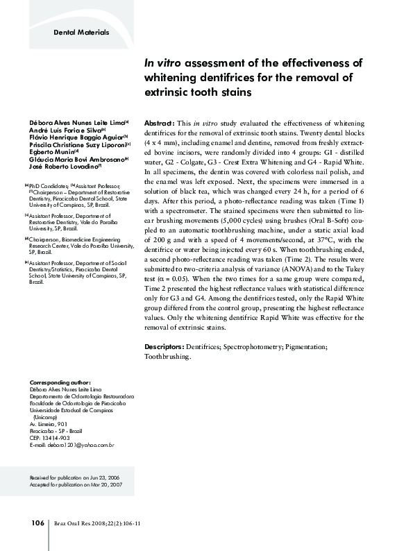 (PDF) In vitro assessment of the effectiveness of whitening dentifrices