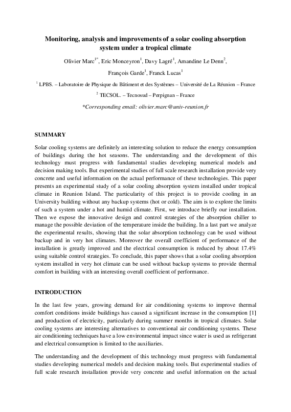 (PDF) Monitoring, analysis and improvements of a solar cooling ...