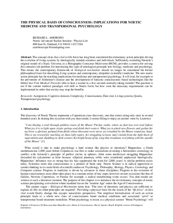 The Physical Basis of consciousness: Implications for noetic Medicine and Transpersonal Psychology