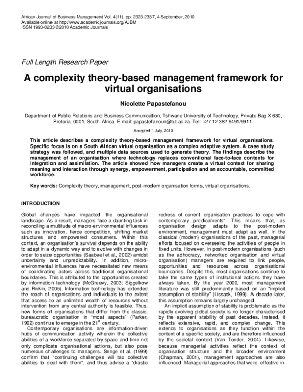 (PDF) A complexity theory-based management framework for virtual ...