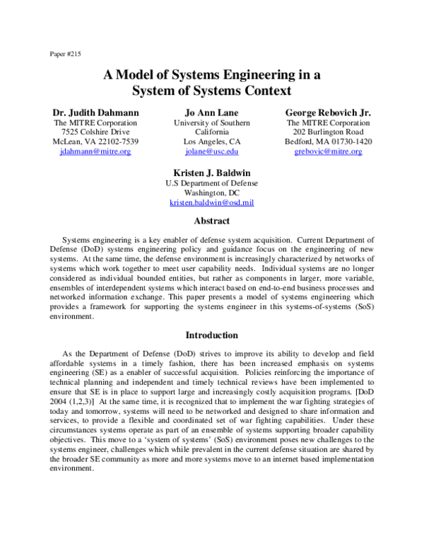 (PDF) A model of systems engineering in a system of systems context