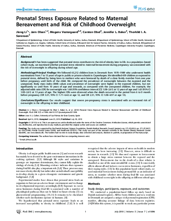 (PDF) Prenatal stress exposure related to maternal bereavement and risk ...