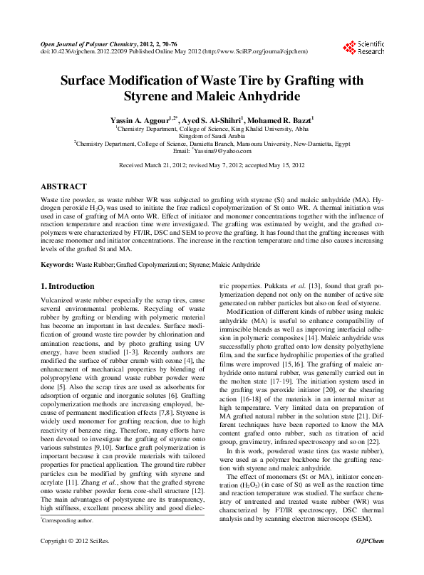 (PDF) Surface Modification of Waste Tire by Grafting with Styrene and ...