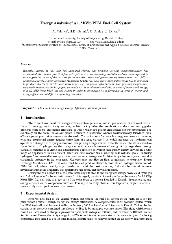 (PDF) Exergy Analysis Of A 1.2 kW Pem Fuel Cell System