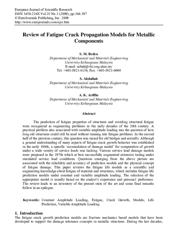 (PDF) Review of fatigue crack propagation models for metallic components