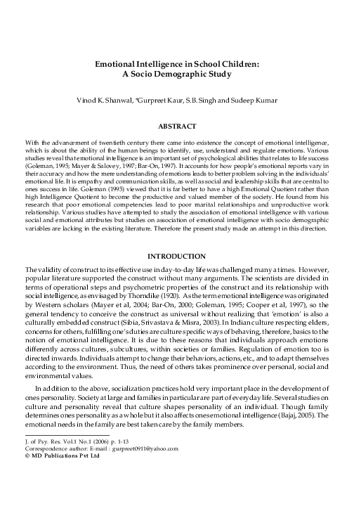 (PDF) Emotional Intelligence in School Children: A socio-demographic study