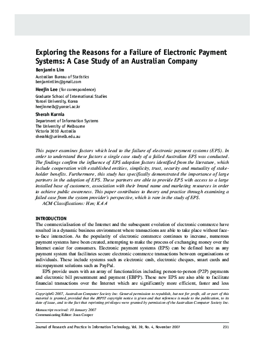 (PDF) Exploring the Reasons for a Failure of Electronic Payment Systems ...