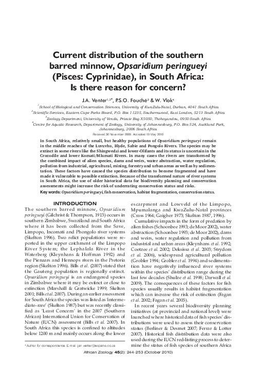 (PDF) Current distribution of the southern barred minnow, Opsaridium ...