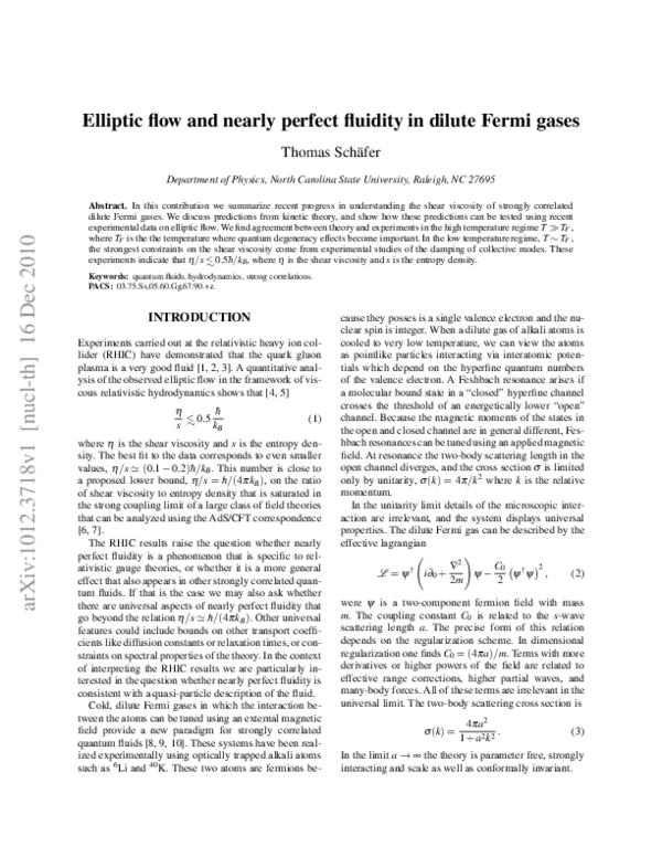 (PDF) Elliptic flow and nearly perfect fluidity in dilute Fermi gases